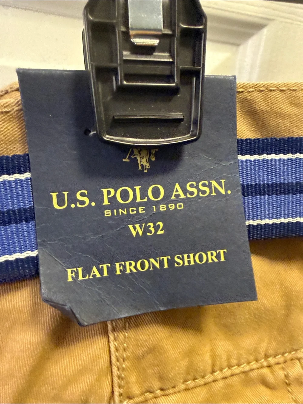 U.S. Polo Assn. Tan Cotton Chino Shorts with Blue Striped Belt